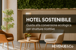 Interno hotel eco-friendly con piante, luce naturale e design sostenibile