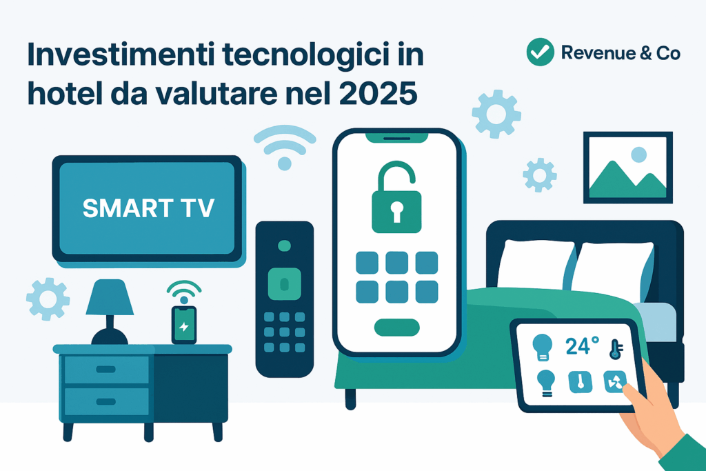 Illustrazione digitale orizzontale che rappresenta le tecnologie innovative negli hotel nel 2025, con elementi di domotica, intelligenza artificiale e gestione automatizzata.