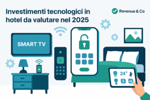 Illustrazione digitale orizzontale che rappresenta le tecnologie innovative negli hotel nel 2025, con elementi di domotica, intelligenza artificiale e gestione automatizzata.