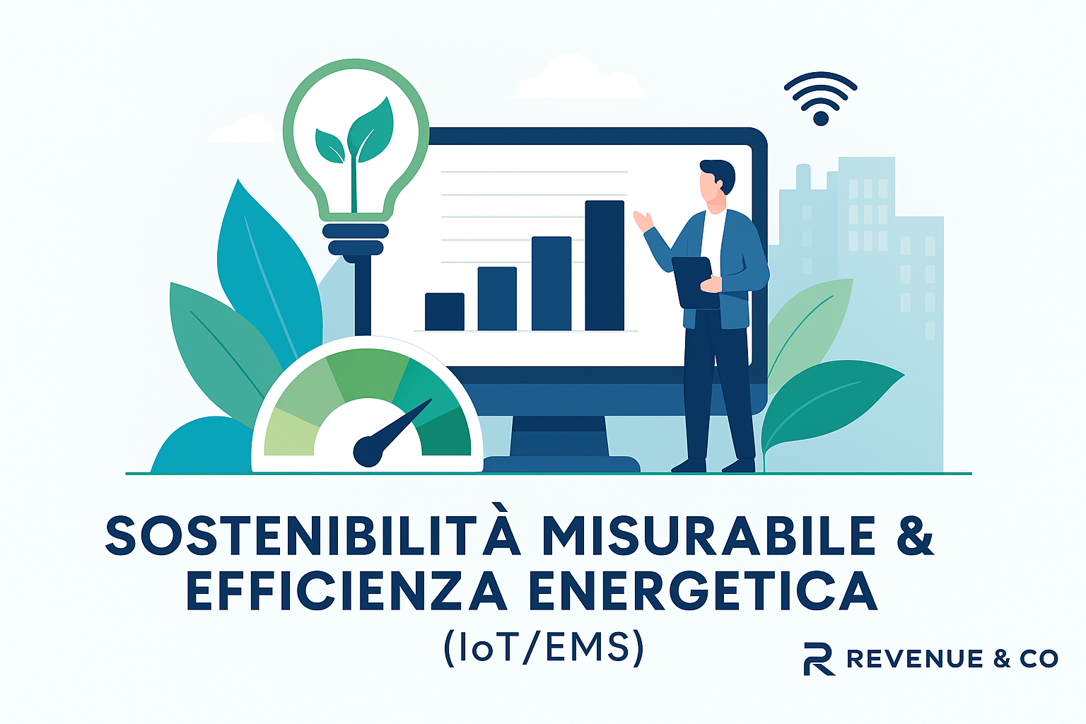 Illustrazione di un hotel smart con grafici di consumo energetico e indicatori di efficienza