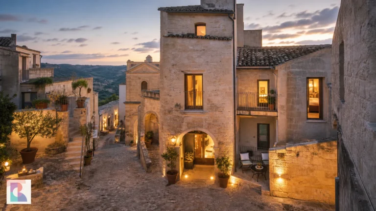 Albergo diffuso in un borgo italiano con più edifici coordinati da una gestione ricettiva unitaria