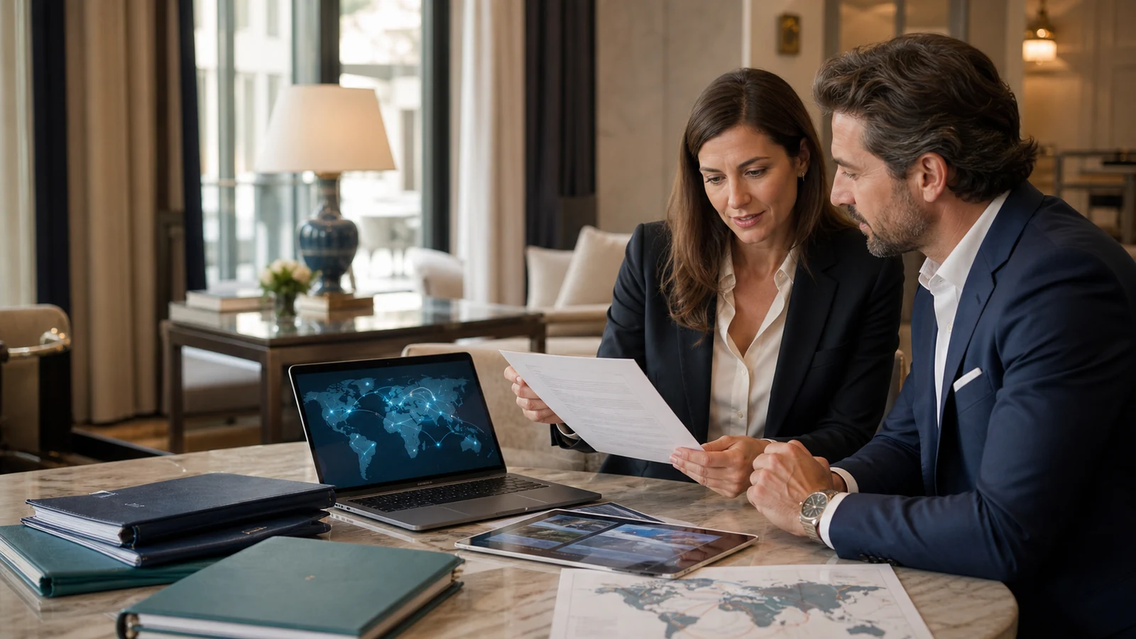 Revenue manager e partner della distribuzione alberghiera analizzano contratto e rete internazionale di vendita