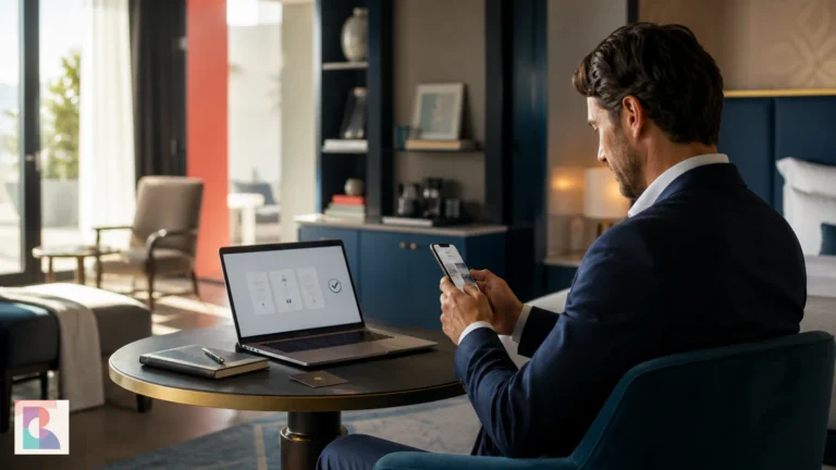 Ospite prenota direttamente un hotel con smartphone e laptop in una camera contemporanea