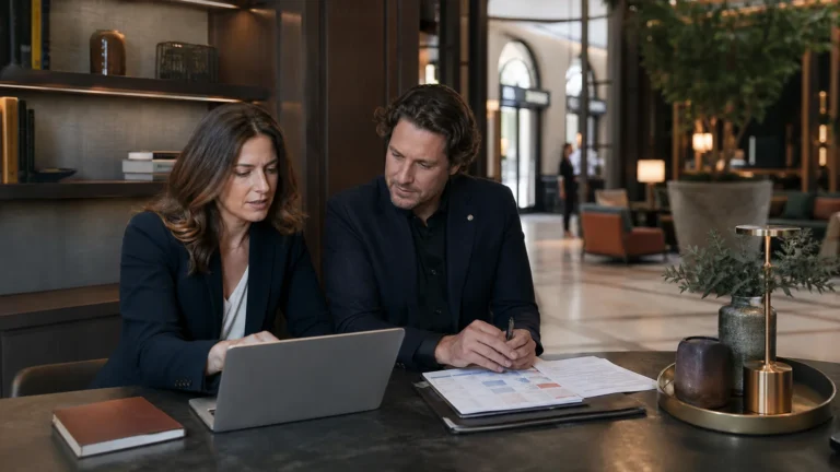Revenue manager e responsabile front office analizzano una cancellazione tardiva in hotel