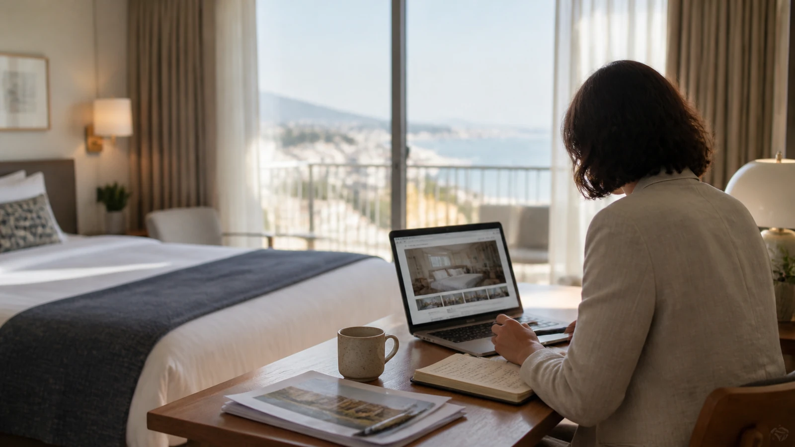 Responsabile commerciale di hotel verifica su laptop claim ambientali, certificazioni e contenuti Expedia