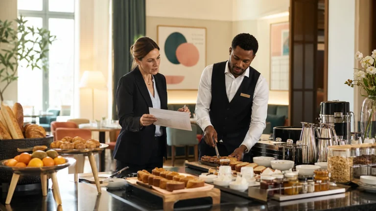 Responsabili controllano allestimento, prodotti e organizzazione della colazione in hotel