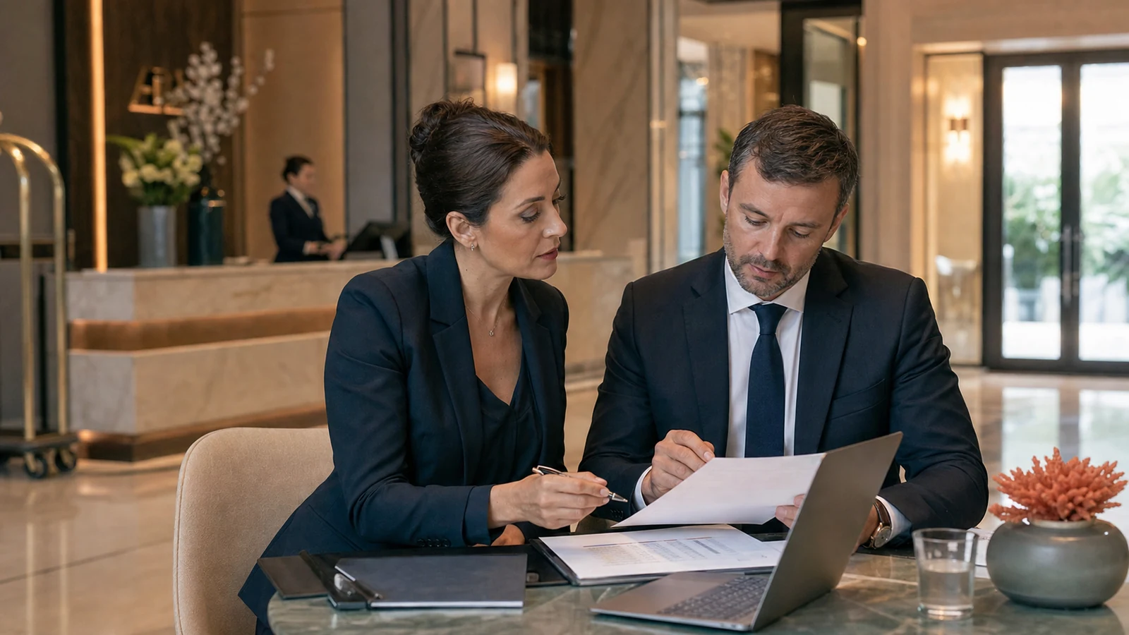Direttrice d’hotel e responsabile di un fornitore verificano contratto e livelli di servizio