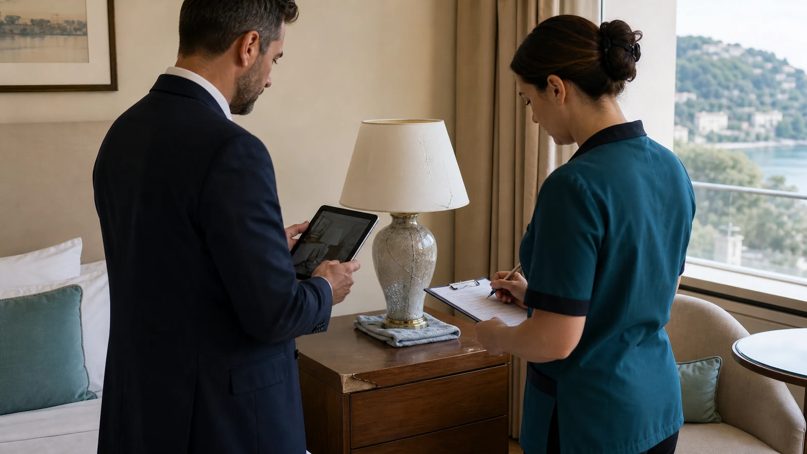 Responsabile operativo e governante documentano il danno a un mobile e a una lampada in una camera d’hotel