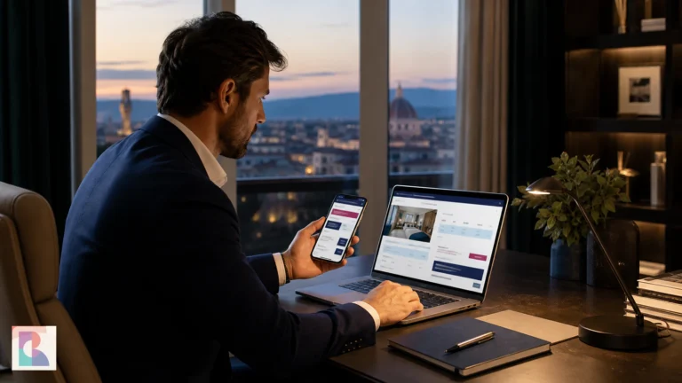 Revenue manager di hotel confronta sul computer e sul telefono le tariffe del sito diretto e dei canali online