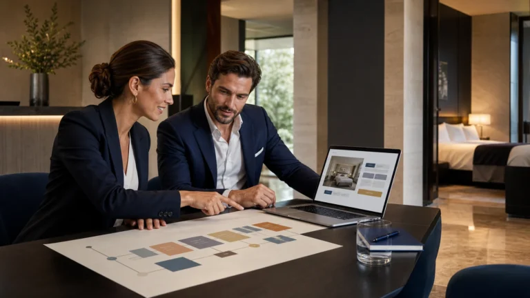 Marketing manager e revenue strategist progettano il funnel di prenotazione di un hotel