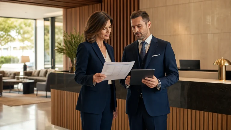 Direttrice e responsabile front office rivedono il piano di continuita di un hotel