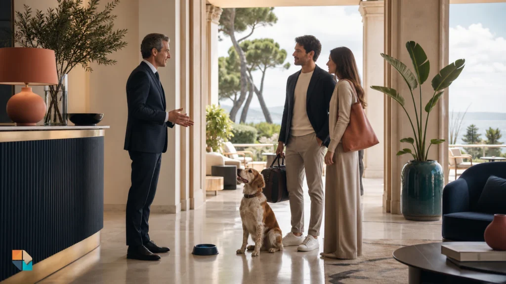 Responsabile di hotel accoglie una coppia con cane in una struttura italiana elegante