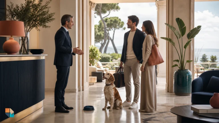 Responsabile di hotel accoglie una coppia con cane in una struttura italiana elegante