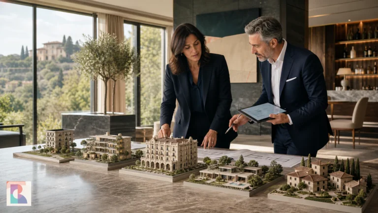Due professionisti valutano cinque modelli architettonici di hotel prima di un investimento