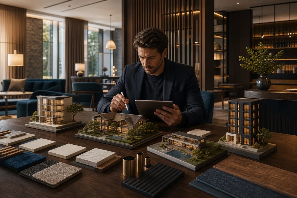 Professionista valuta diversi modelli di investimento alberghiero in un ambiente hospitality contemporaneo.