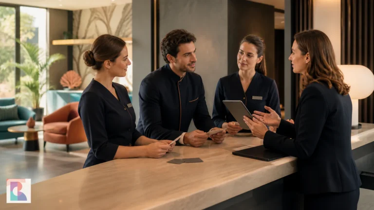 Team di hotel durante una sessione pratica di inglese operativo alla reception