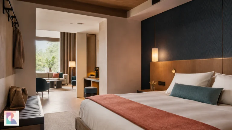 Camera di hotel contemporanea progettata con luce, acustica, comfort e spazi funzionali