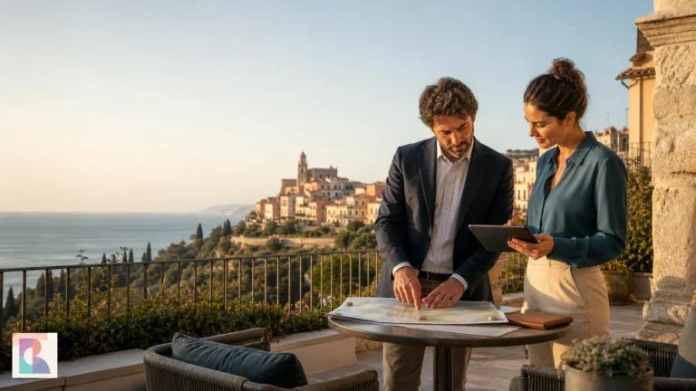 Manager di hotel e partner locale progettano un itinerario su una terrazza italiana