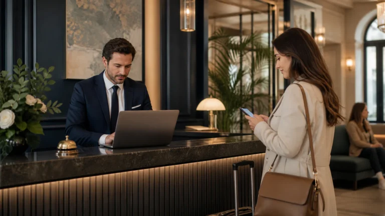 Ospite usa lo smartphone mentre il receptionist gestisce la comunicazione digitale in hotel