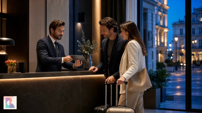 Direttore di hotel gestisce con calma una disponibilità complessa insieme a una coppia in reception