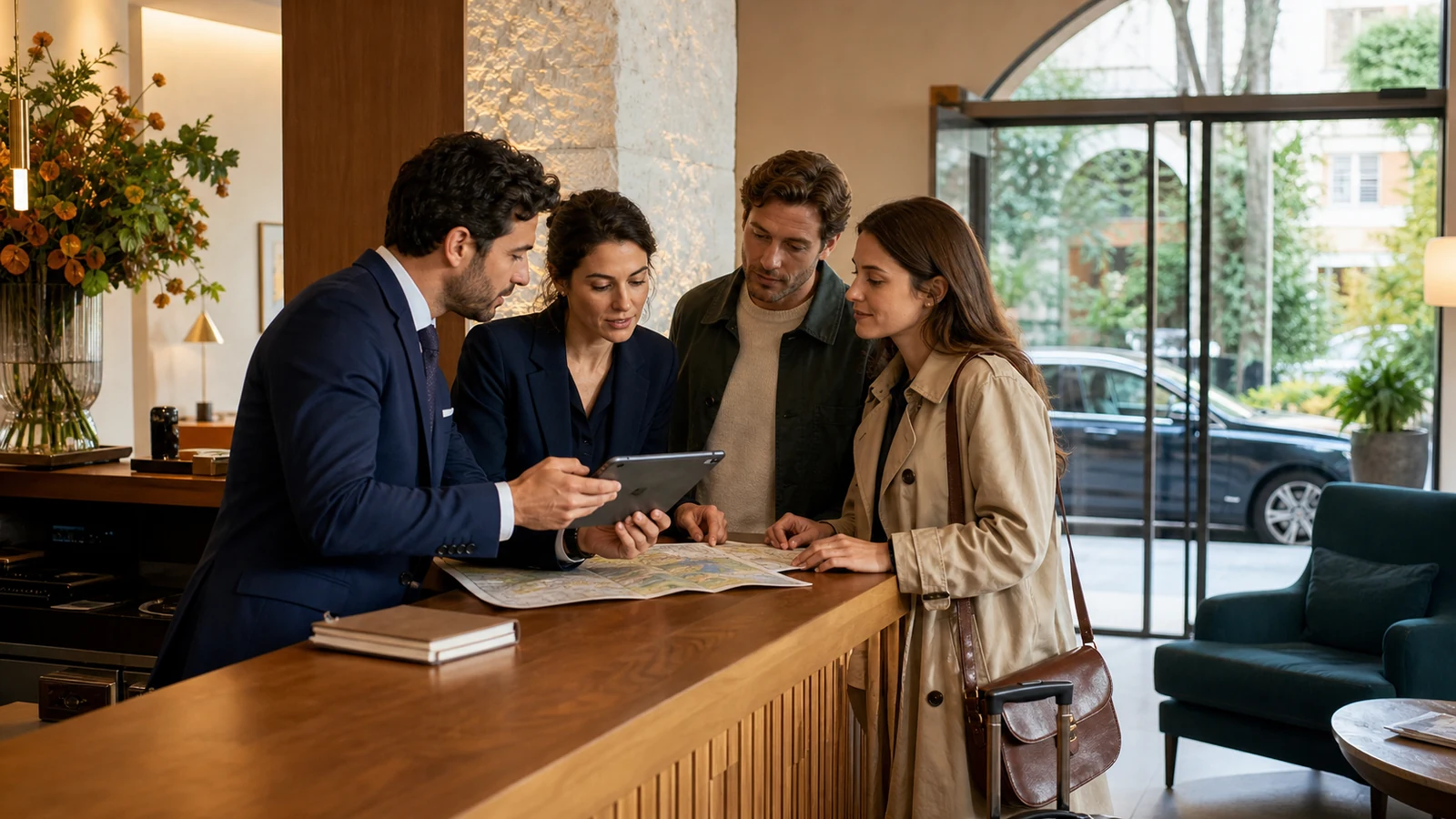 Professionisti dell’hotel e viaggiatori coordinano alloggio, esperienza e transfer nella hall