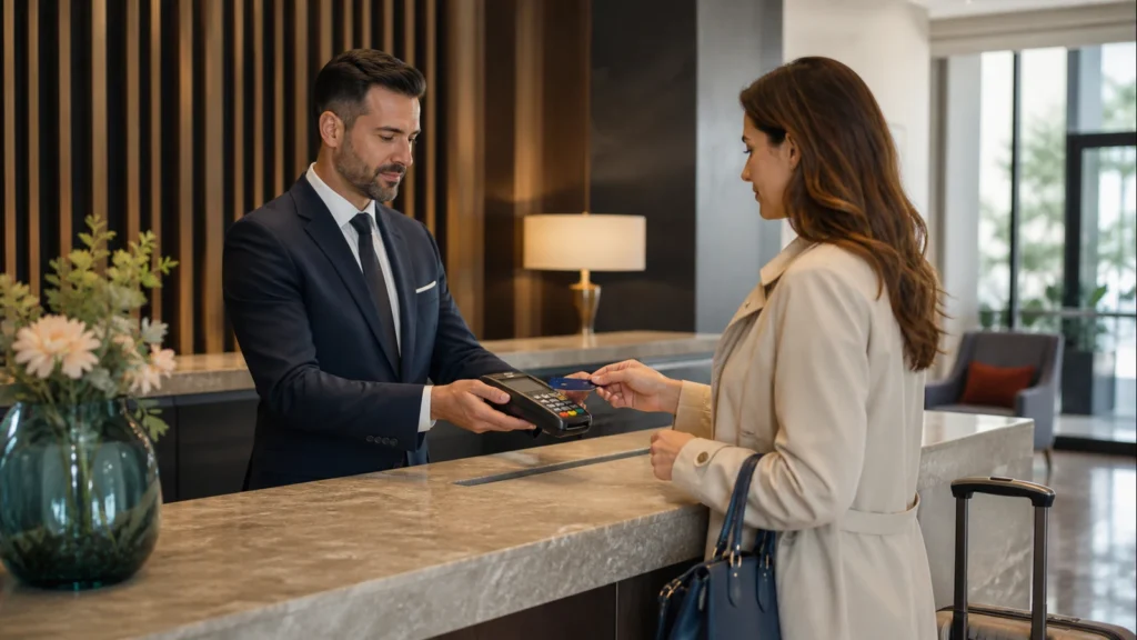 Addetto al front office esegue una pre-autorizzazione della carta durante il check-in in hotel