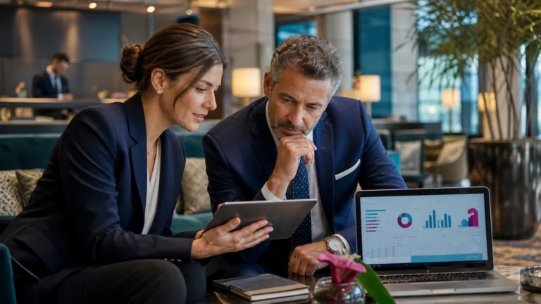 Responsabile guest experience e direttore analizzano i risultati del questionario post-soggiorno in hotel