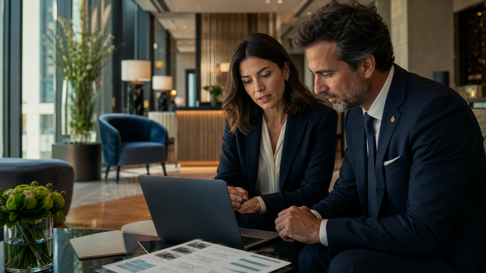 Revenue manager e direttore d’hotel analizzano al computer la visibilità della struttura sui portali di prenotazione