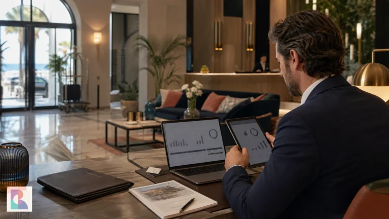Revenue manager analizza prenotazioni dirette e distribuzione in un hotel contemporaneo