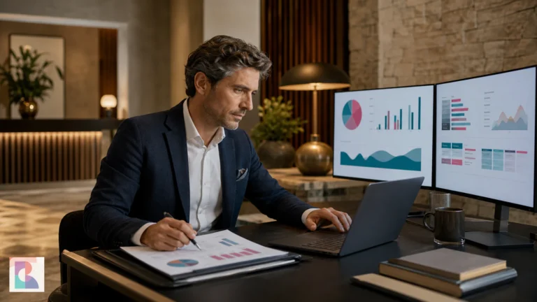 Revenue manager di hotel analizza domanda, inventario, prezzi e redditività su laptop e monitor