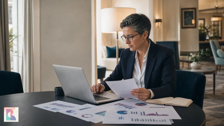 Revenue manager di hotel analizza forecast, domanda e risultati in un ambiente alberghiero contemporaneo