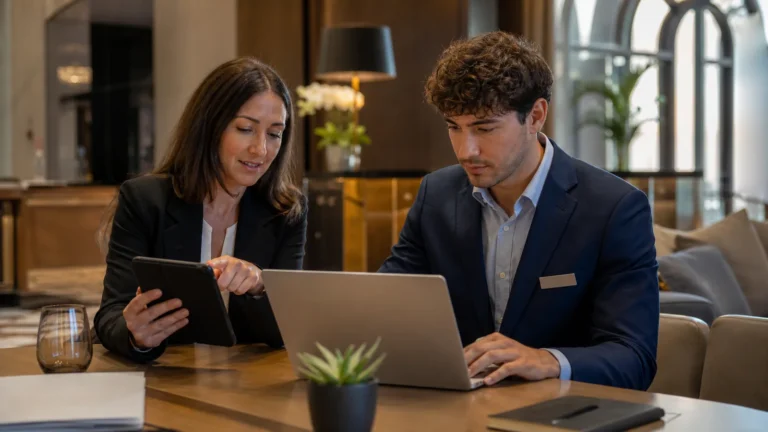 Hotel manager e guest relations preparano una risposta a una recensione negativa