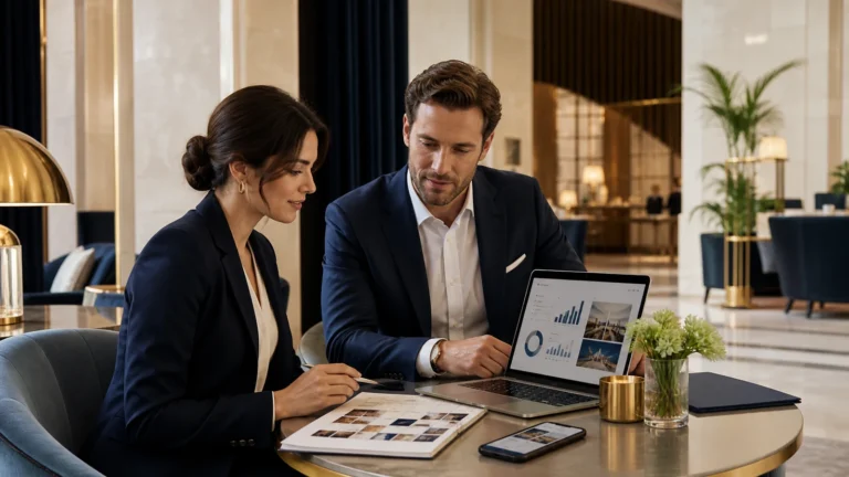 Marketing manager e strategist analizzano contenuti e KPI social nella lobby di un hotel