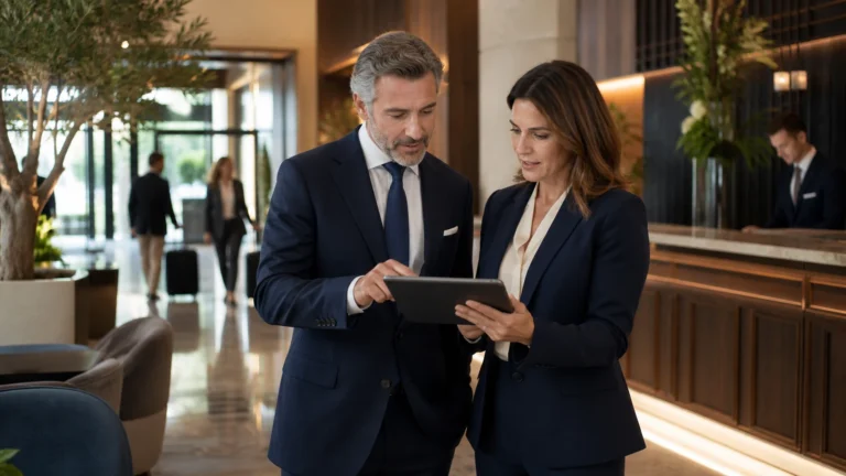 Direttore e revenue strategist analizzano i trend hotel 2026 nella lobby