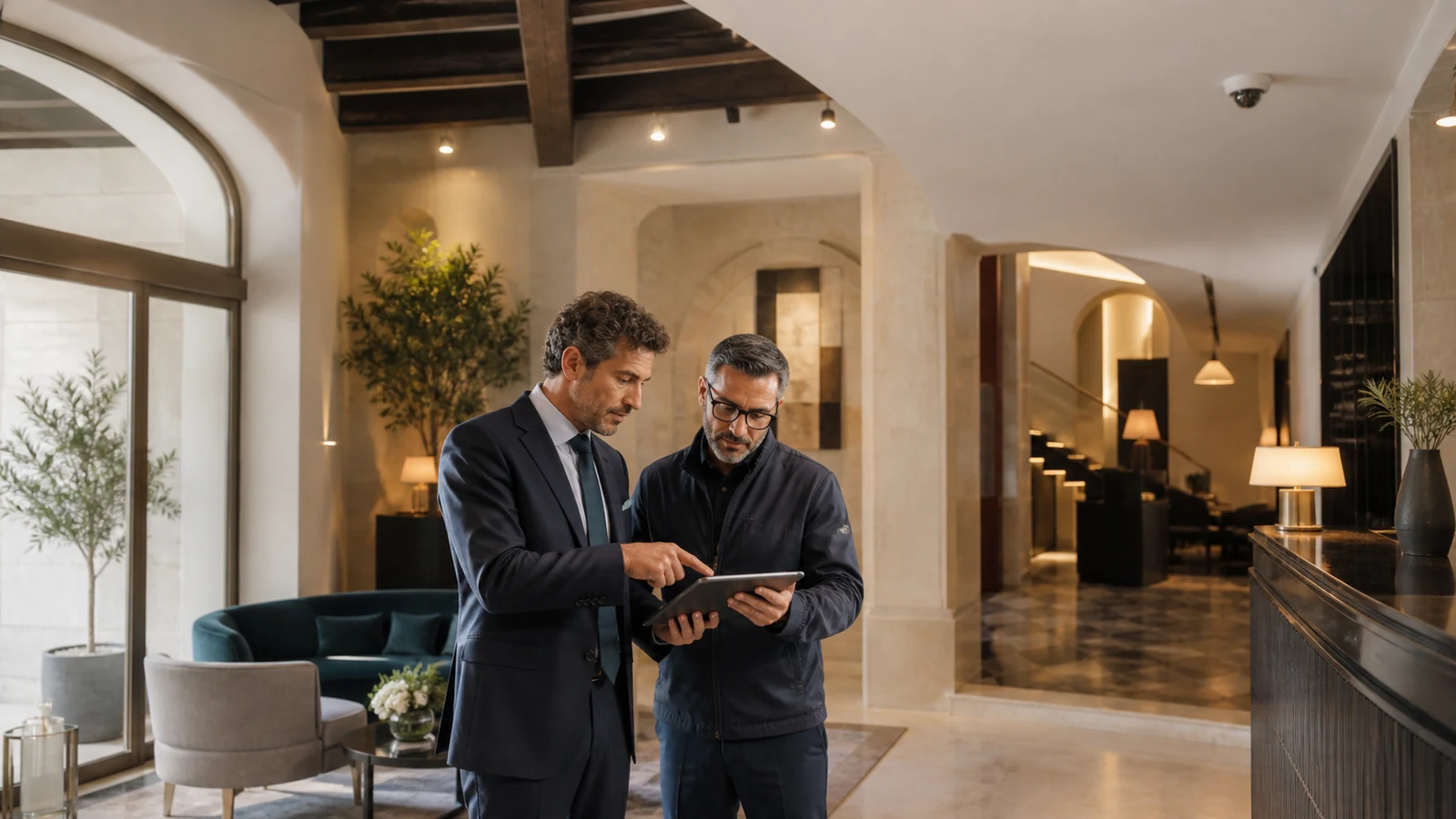 Direttore d’hotel e tecnico della sicurezza verificano su un tablet la copertura di una telecamera discreta nella lobby