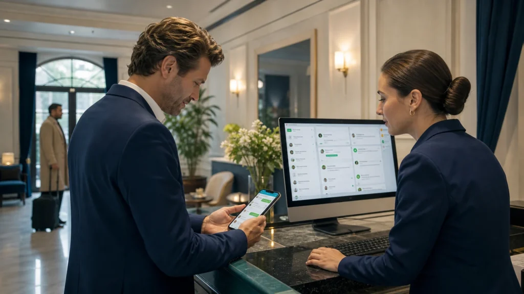 Direttore e receptionist gestiscono WhatsApp Business su smartphone e inbox condivisa in hotel